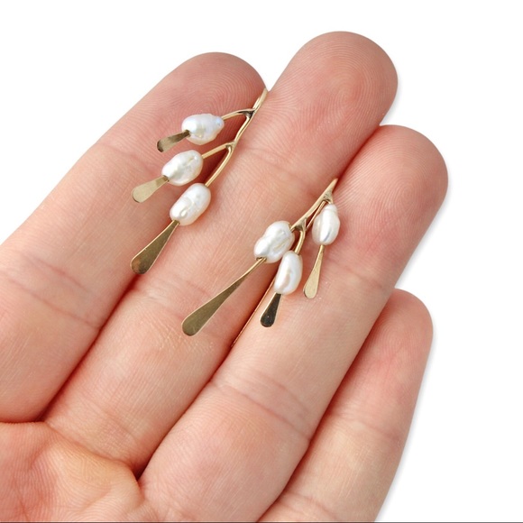 Estate 14K Gold & Genuine Pearl Branch Drop Earrings Organic Modernist Style - Picture 2 of 5